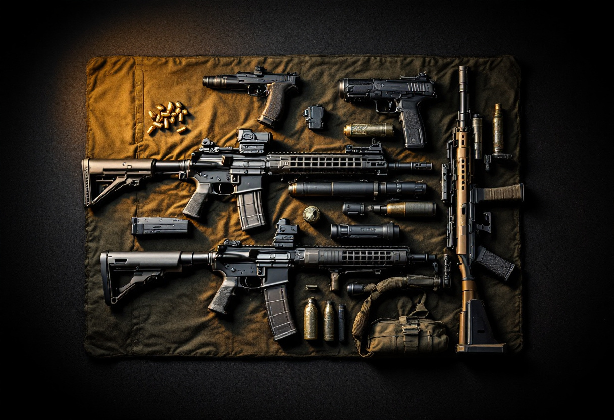The full loadout laid out on canvas: two rifles, two sidearms, a shotgun and grenades