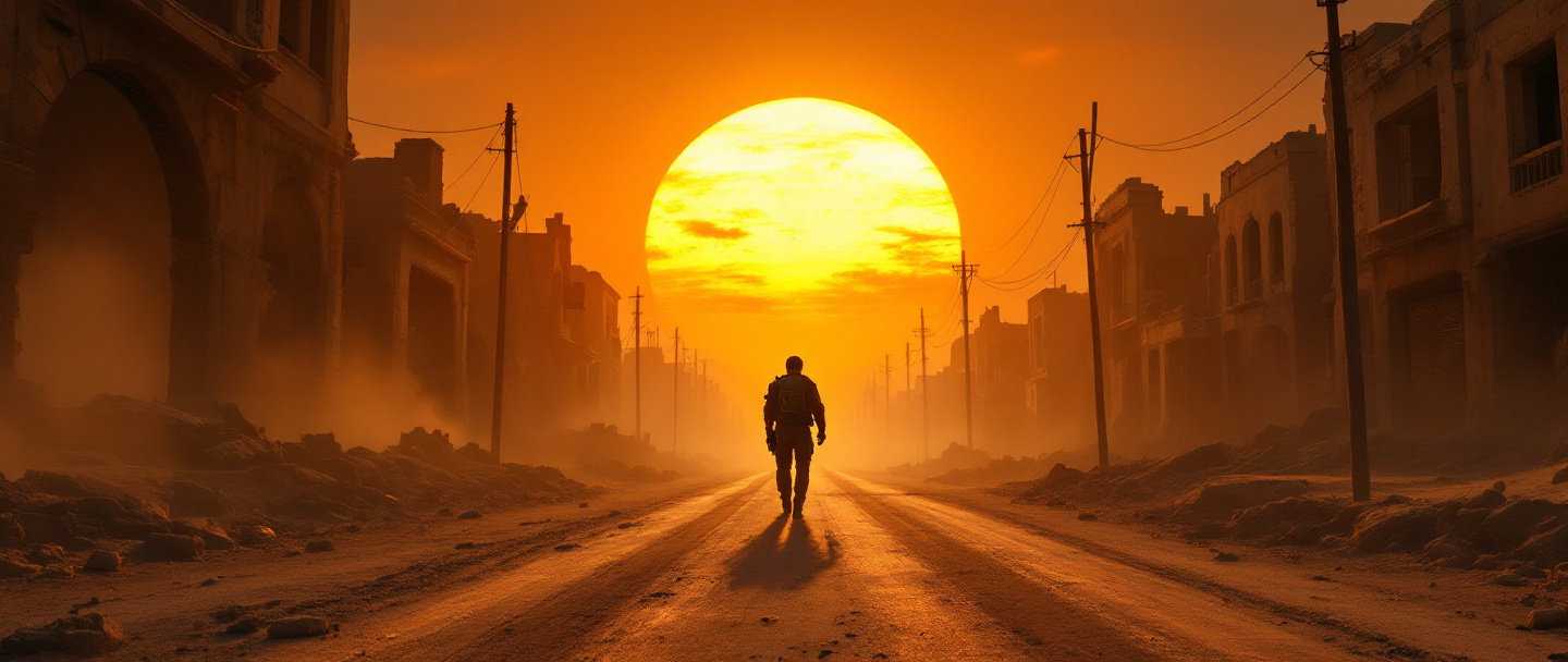 A lone soldier walking away down a dust-choked road into a low amber sun
