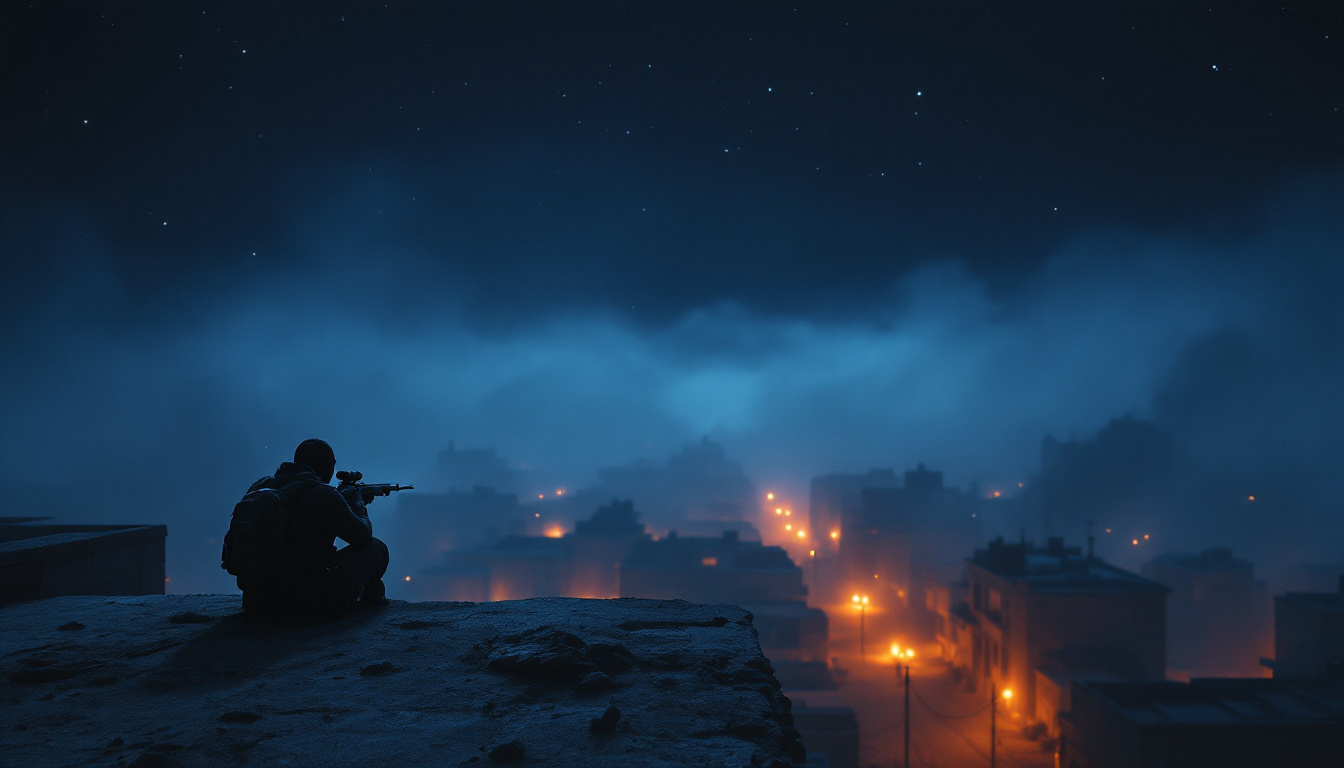 A lone operator scanning a rooftop line at last light
