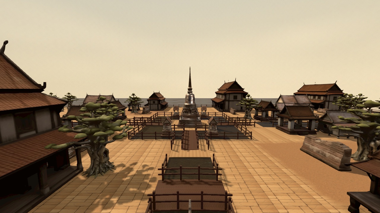 Krung Kao rendered by the shipped game build: canals, wooden bridges and the chedi island