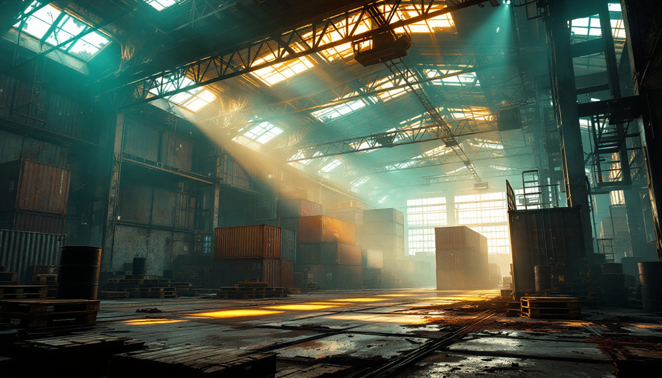 Industrial Warehouse concept art: a wide view of the playable space