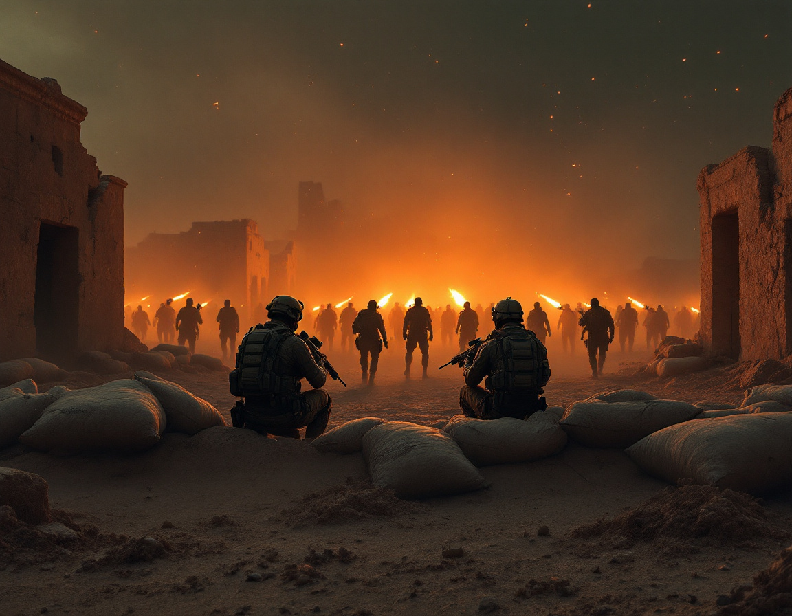 A squad holding a sandbag position against an advancing wave at dusk