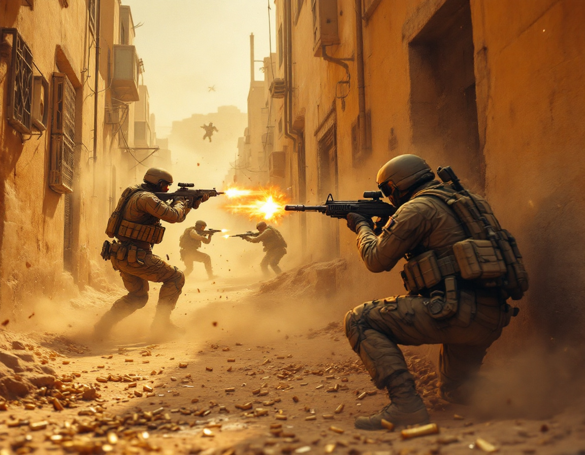 Two squads trading fire across a ruined desert street