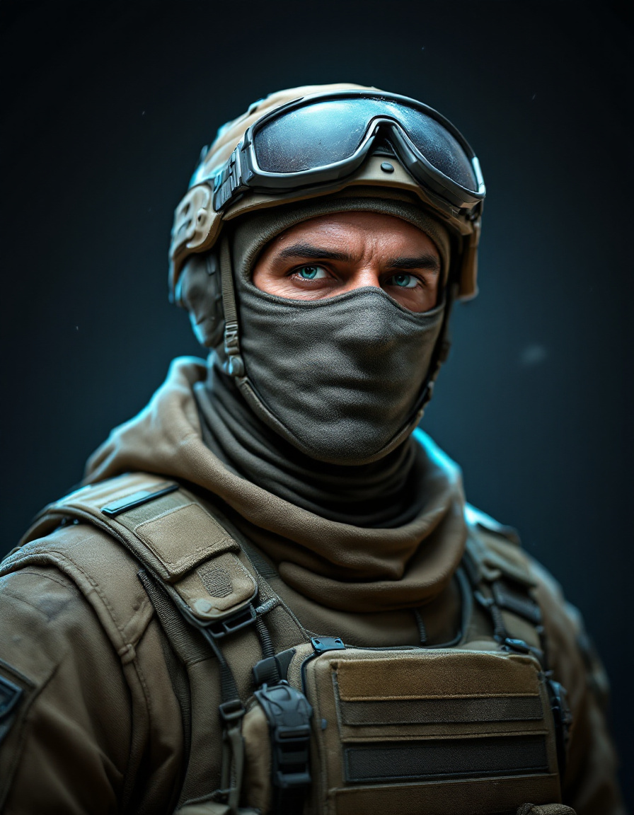 An operator in a dusty balaclava and goggles, lit from behind in steel blue