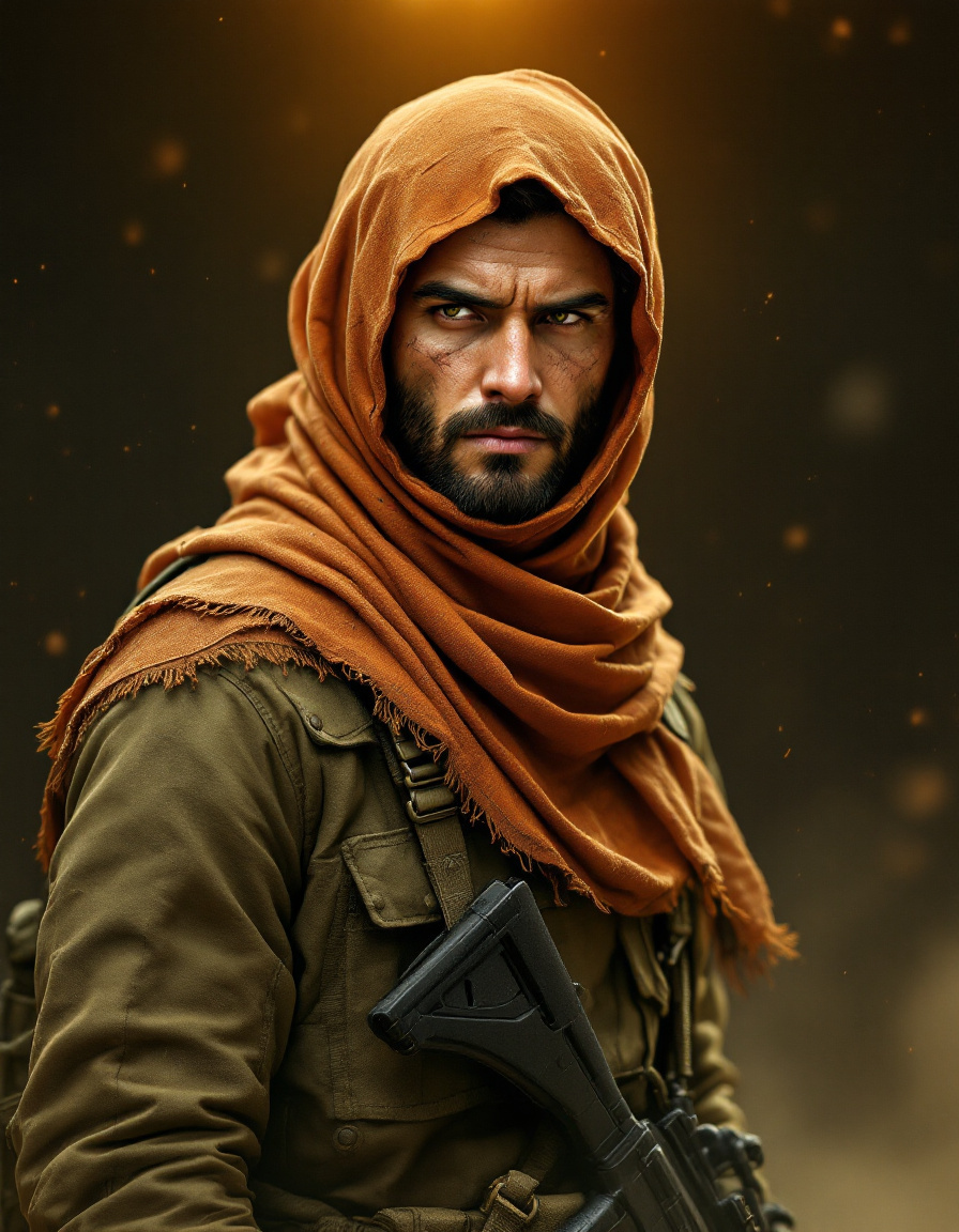 An opposing operator in desert gear, half turned away in low amber light